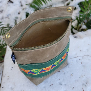 Tan Waxed Canvas Zipper Pouch with Vintage Trim