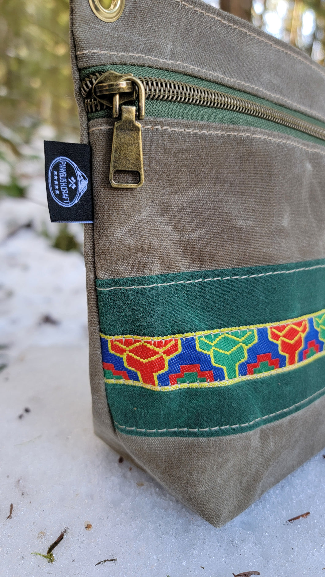 Tan Waxed Canvas Zipper Pouch with Vintage Trim