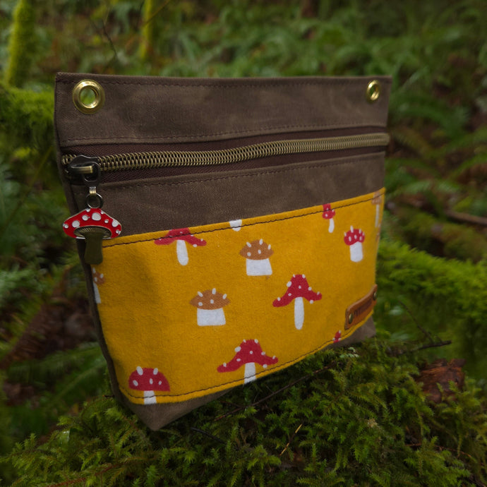 Brown Waxed Canvas Zipper Pouch with Mushrooms