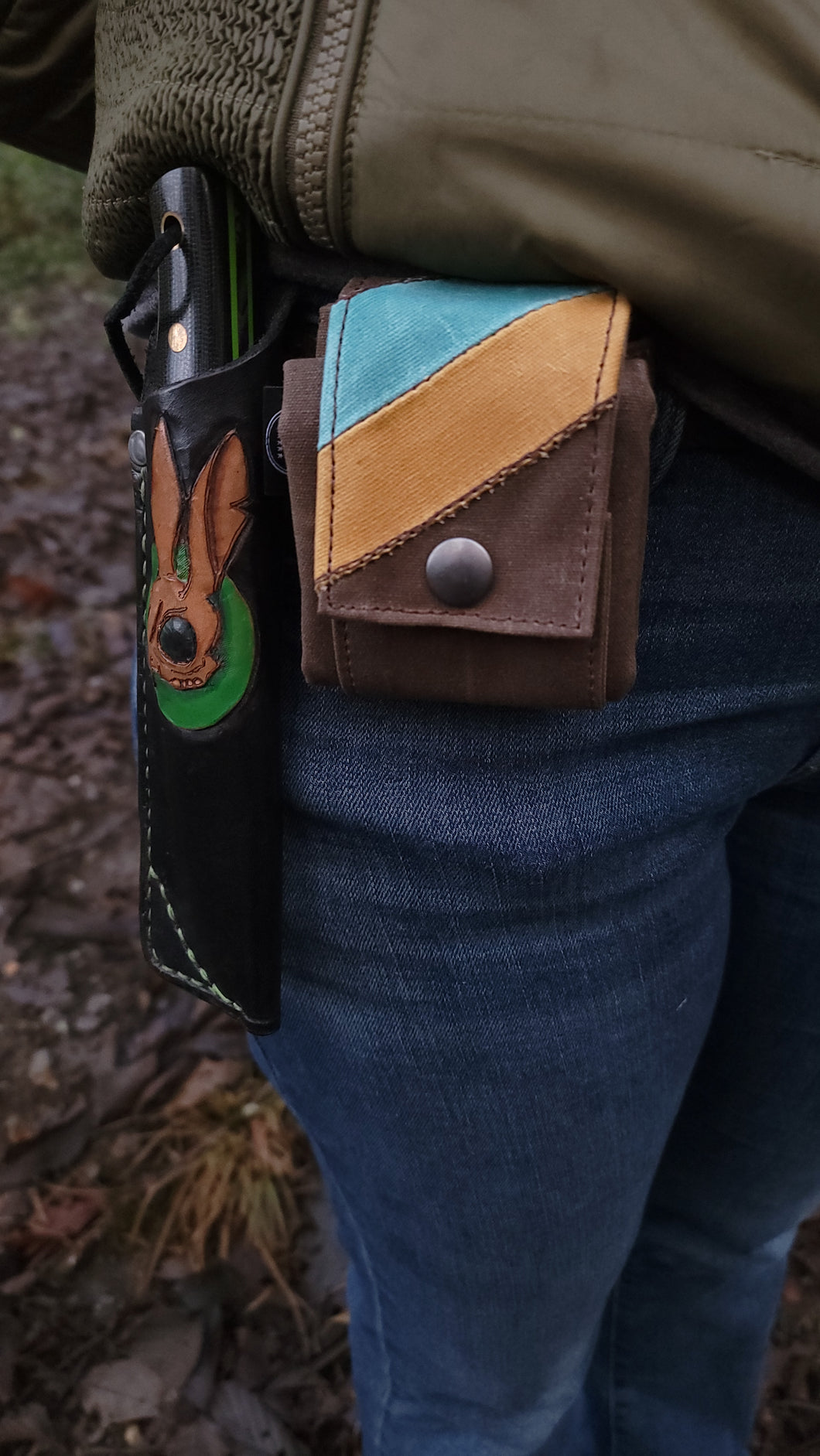 Retro Waxed Canvas Brown,Yellow, Turquoise Foraging Pouch , Hip Bag