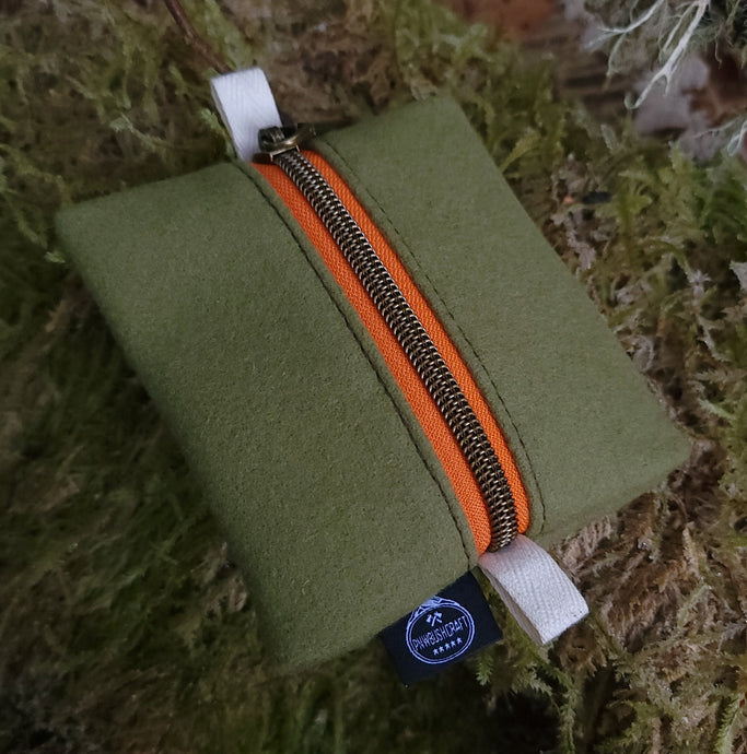 Wool Zipper Pouch with Orange Zipper and Butterfly Lining