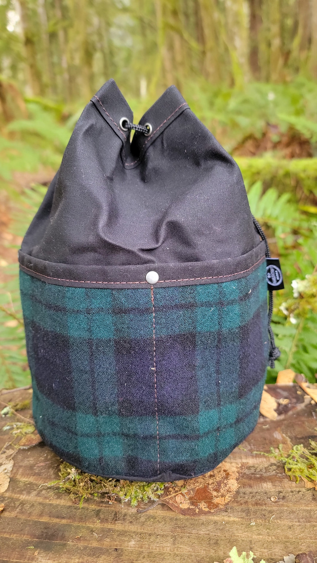 Black Waxed Canvas Cedar Bucket Bag with Green and Blue Wool Pockets