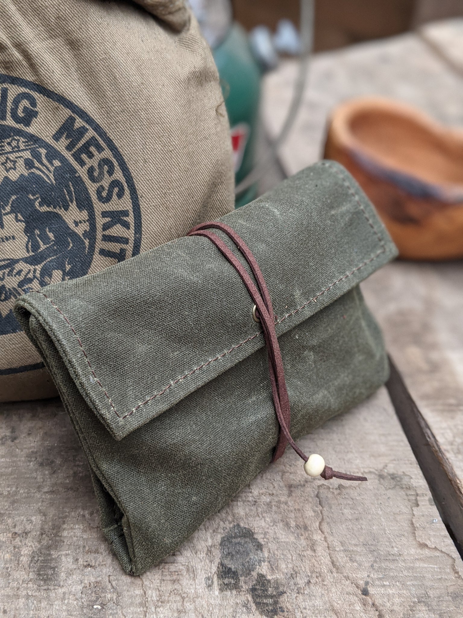 Small Green Waxed Canvas Roll Up Pouch Green